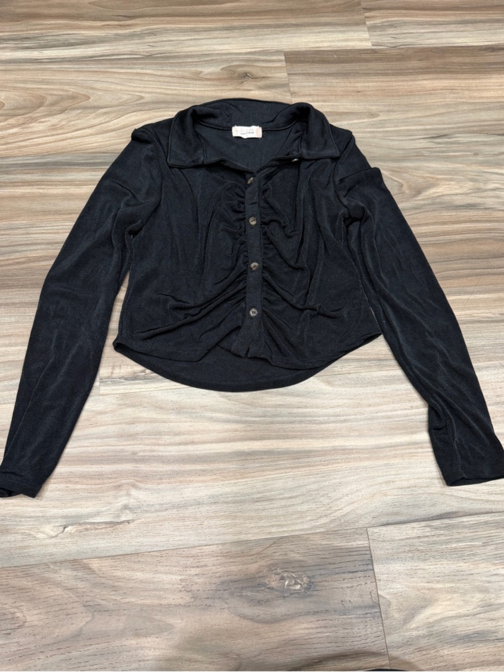 Altar'd State Black Ruched Button-Front Long Sleeve Top